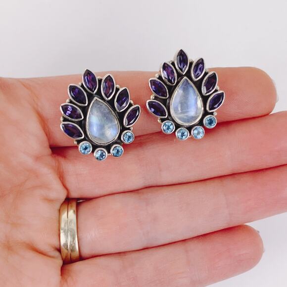 Nicky Butler Sterling Rainbow Moonstone Iolite Topaz Teardrop Clip On Earrings - Picture 3 of 15